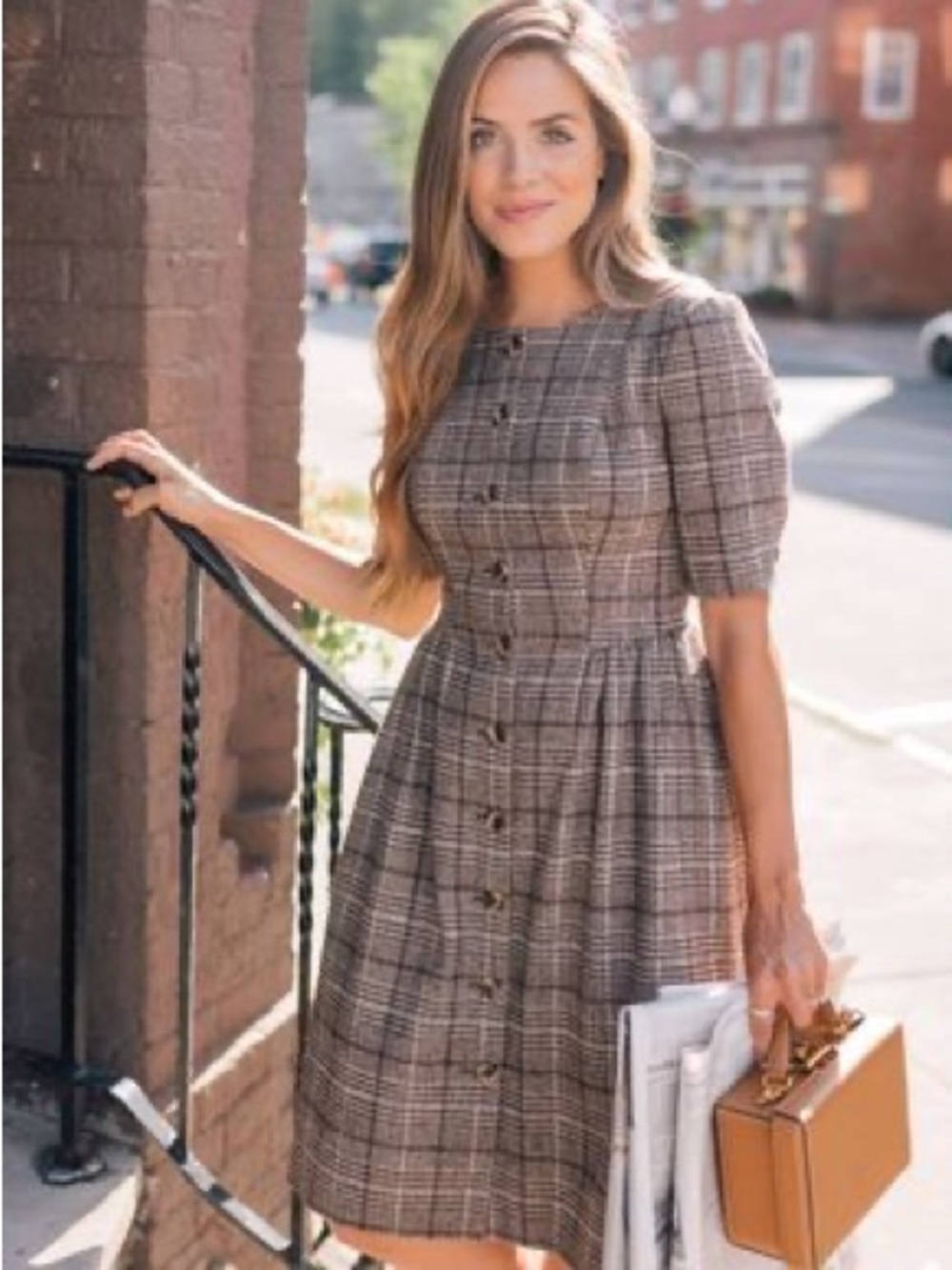 Gal Meets Glam Jeanie Brown Plaid Short-Sleeve Midi Dress Size 0